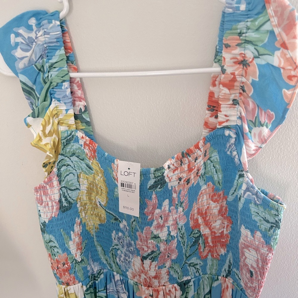 LOFT Garden Smocked Ruffle Midi Dress (size large)